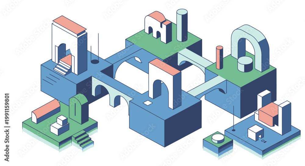 Fototapeta premium Isometric architectural abstract art depicting a surreal geometric cityscape with bridges and arches