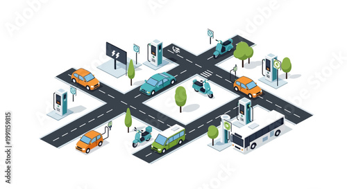 Isometric smart city with electric vehicles and charging stations illustrating future sustainable urban transportation network and green mobility infrastructure