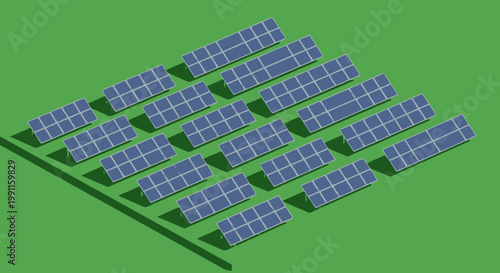 A stunning isometric illustration depicting a field of solar panels arranged in neat rows under a clear sky, symbolizing renewable energy and sustainable power generation for a greener future