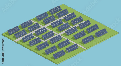 Isometric view of a solar panel farm, a clean energy source generating electricity from sunlight