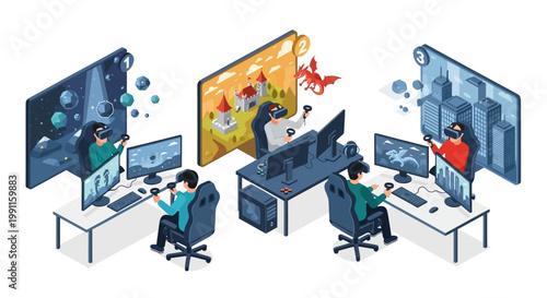 Immersive Virtual Reality Gaming Experience People Engaging in Futuristic Entertainment with VR Headsets and Computers