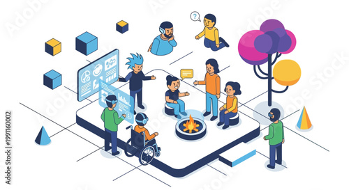 Isometric illustration of diverse individuals collaborating in a digital space, exploring augmented reality and technology innovation. Modern concept of teamwork