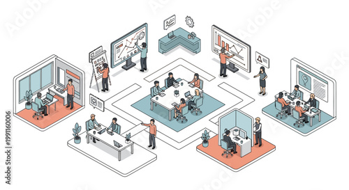 Modern isometric office illustration featuring diverse teams collaborating, strategizing in meetings, and working on projects within a dynamic business environment
