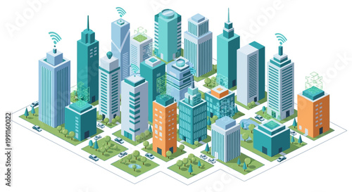 Isometric Smart Cityscape with Sustainable Technology and Connectivity