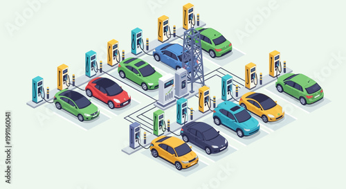 Sustainable electric vehicle charging network with a structured grid, connecting modern cars to smart stations for urban mobility and green energy solutions