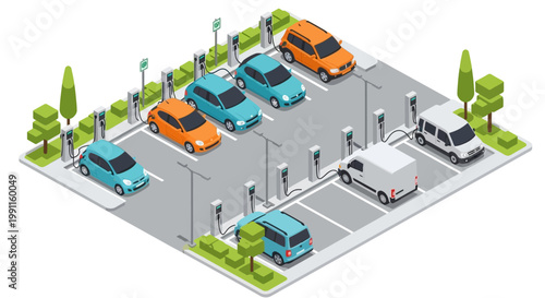 Isometric illustration of a modern electric vehicle charging station parking lot, depicting diverse cars connected to power points, symbolizing sustainable urban mobility