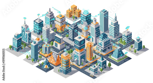 Isometric smart city illustration depicting modern urban development, advanced digital infrastructure, sustainable architecture, and a connected future metropolis landscape
