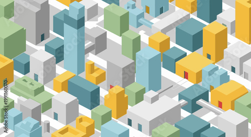 Isometric urban cityscape illustration with simplified geometric buildings in various colors and sizes, depicting a modern city block view