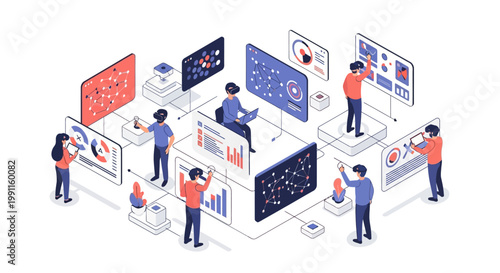 Modern isometric illustration of a team performing data analysis and management, collaborating on digital dashboards for business intelligence and strategic insights