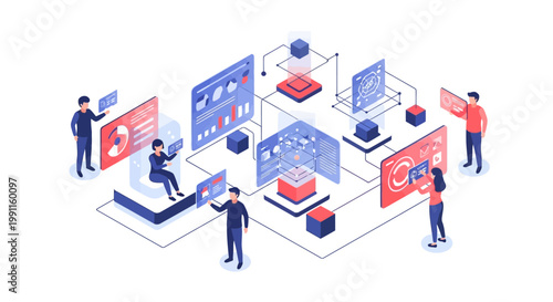 Isometric illustration of a team collaborating on a digital data visualization project, showcasing technology and teamwork in a modern business setting