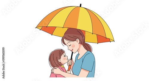 Mother and child sharing an umbrella, warm embrace, love and protection concept