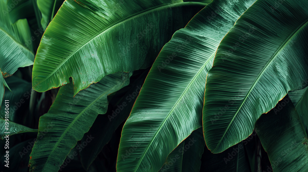 Obraz premium Beautiful banana leaves in a tropical rainforest, close-up of a large green leaf texture.