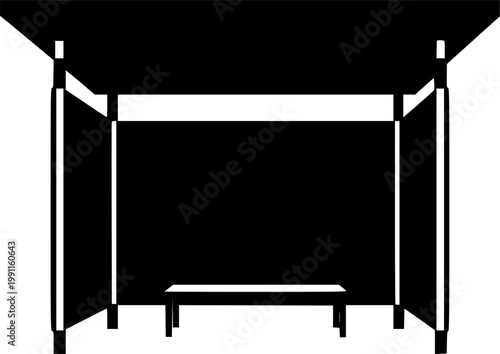 Black silhouette of a bus stop shelter with a bench isolated on white background
