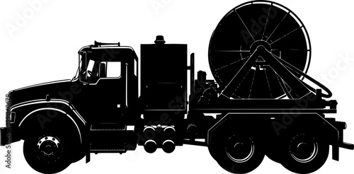 Black silhouette of a large industrial truck with a hose reel on a isolated on white background
