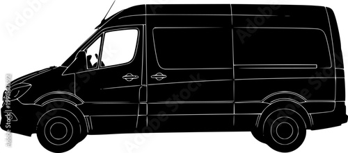 Black silhouette of a van against a isolated on white background
