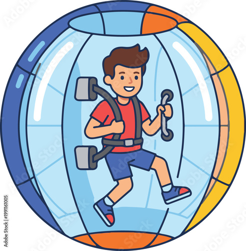 Cartoon boy exercising inside a futuristic gyroscope pod, colorful vector illustration isolated on white background, ideal for fitness, technology, and kids activity themes.