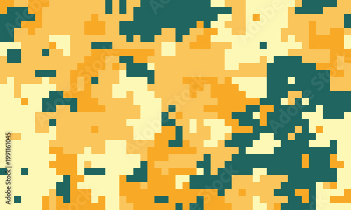 Abstract pixel art background.  Warm yellow and teal digital camouflage pattern. Ideal for website banners, tech designs, or modern art projects. Evokes feelings of energy, technology, and nature.