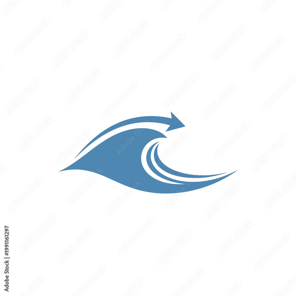 Obraz premium Dynamic blue wave graphic with a forward-pointing arrow, symbolizing continuous flow, progress, and future direction. Abstract illustration for movement, innovation, and natural power
