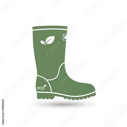 Eco-friendly green wellington boot with leaf and eco symbol, representing sustainable gardening and environmental consciousness