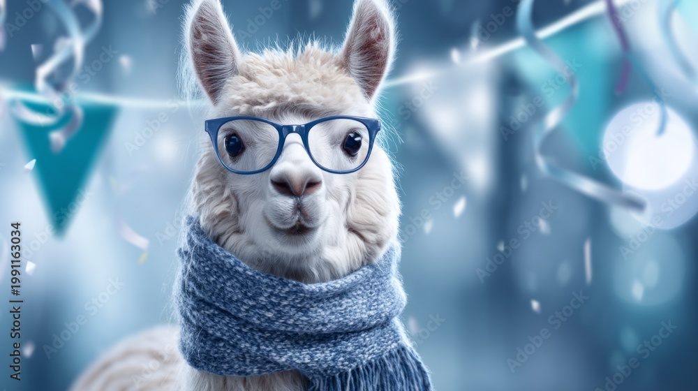 Fototapeta premium Llama in Glasses and Scarf at a Festive Celebration Surrounded by Decor