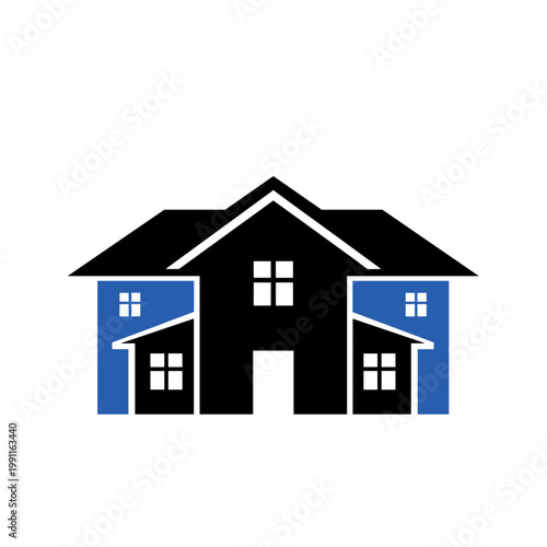 Classic gable roof house icon flat design in black and blue