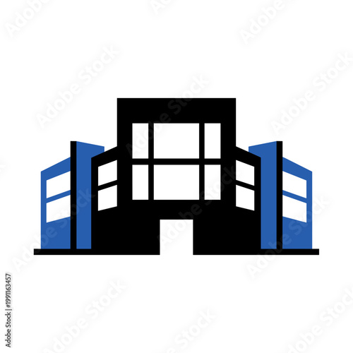 Modern commercial building icon flat design in black and blue