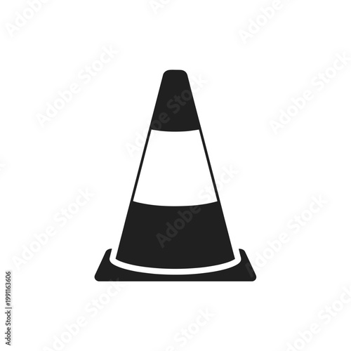 A black and white graphic illustration of a traffic cone, symbolizing construction, road work, or safety measures