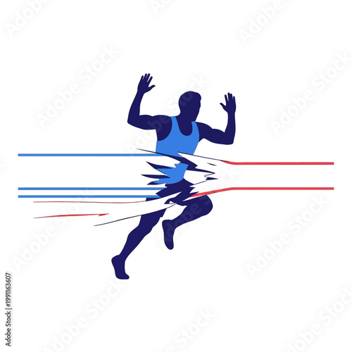 Dynamic athlete silhouette sprinting through a broken finish line with abstract red and blue speed streaks, symbolizing victory, competition, and reaching the goal
