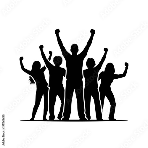 Silhouette of a diverse group of people with arms raised in celebration and triumph, symbolizing unity and success