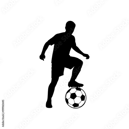Silhouette of a soccer player with a ball at his feet, showcasing athleticism and skill in a dynamic pose
