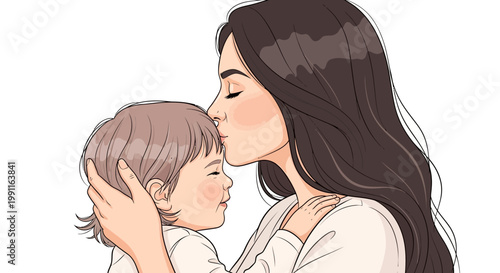 Tender Moment: Mother Kisses Baby's Forehead, Depicting Love and Family Bond