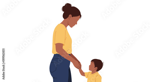 Mother holding child's hand, nurturing connection, family love, diverse parents, parenting illustration