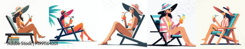 vector of a woman relaxing on a beach chair and drinking orange juice celebrating summer