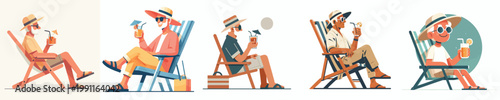 vector of a grandpa relaxing on a beach chair and drinking orange juice celebrating summer
