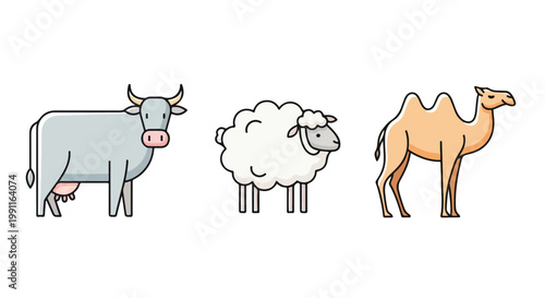 Eid Al Adha celebration animals including a cow, sheep, and camel in a simple flat design style