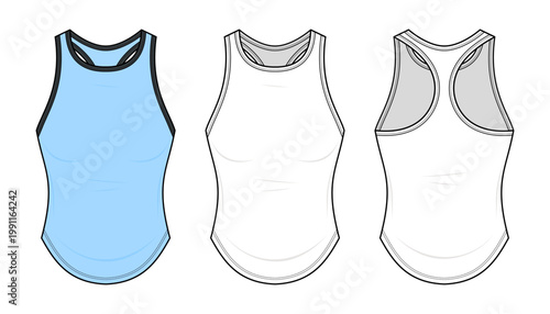 Classic Tank Top Technical Fashion Illustration. Sleeveless Shirt Vector Template. Front Back View. Round Neck Racerback Option. Curved Hem Detail Slim Fit Basic Top. Women Apparel CAD Mockup