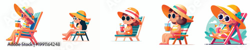 vector of a little girl relaxing on a beach chair and drinking orange juice celebrating summer