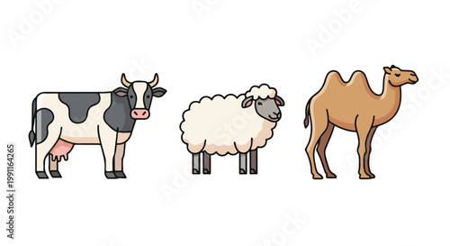 Eid Al Adha festive illustration featuring a cow, sheep, and camel, symbolizing sacrifice and tradition