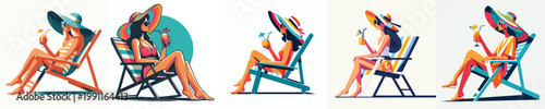 vector of a woman relaxing on a beach chair and drinking orange juice celebrating summer