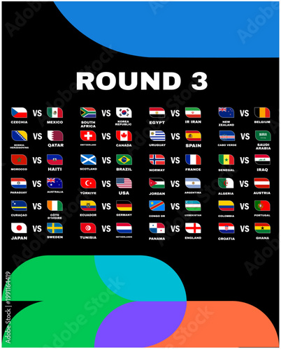 Matches Football Final United States 2026 Round 3 Flags Countries Teams Emblem Design Football Vector Illustration