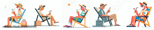 vector of a grandpa relaxing on a beach chair and drinking orange juice celebrating summer