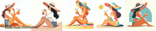 vector of a woman sitting on the beach sand and drinking orange juice celebrating summer
