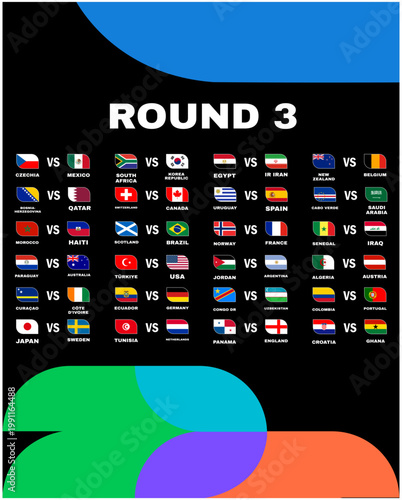 Matches Football Final United States 2026 Round 3 Flags Countries Teams Emblem Design Football Vector Illustration