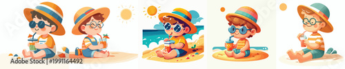 vector of a little boy sitting on the beach sand and drinking orange juice celebrating summer