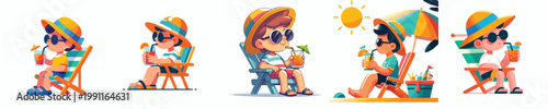 vector of a little boy relaxing on a beach chair and drinking orange juice celebrating summer