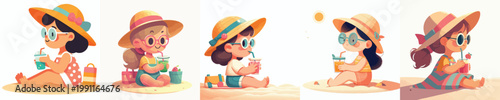 vector of a little girl sitting on the beach sand and drinking orange juice celebrating summer