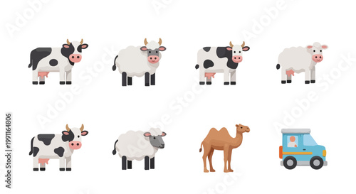 Eid Al Adha festive collection of farm animals including cows and sheep, plus a camel and a small vehicle