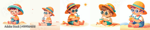 vector of a little boy sitting on the beach sand and drinking orange juice celebrating summer