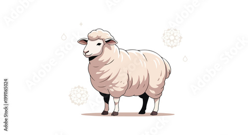 Eid Al Adha festive illustration of a fluffy white sheep standing peacefully with decorative Islamic patterns and subtle sparkles