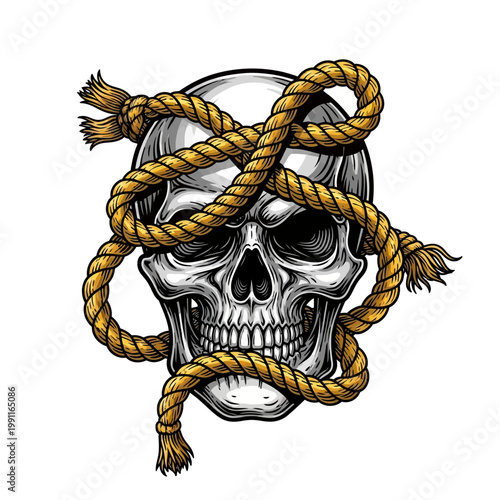 Skull entangled in rope, a symbol of danger and mortality.